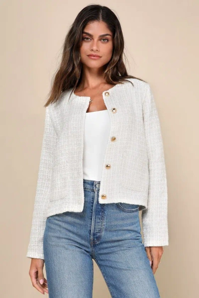 Lulus Posh Pursuits Ivory Tweed Collarless Jacket