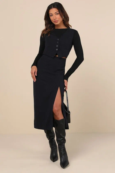 Lulus Posh Upgrade Navy Pinstriped Cutout Midi Dress