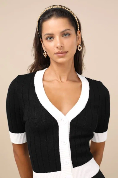 Lulus Posh Vibes Black And Ivory Short Sleeve Cardigan Sweater Top