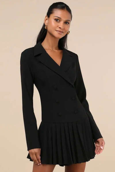 Lulus Posh Vision Black Long Sleeve Blazer Pleated Mini Dress