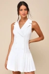 Lulus Posh Vision White Sleeveless Blazer Pleated Mini Dress In White
