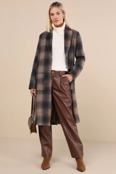 Lulus Posh Weather Brown And Blue Plaid Collared Peacoat