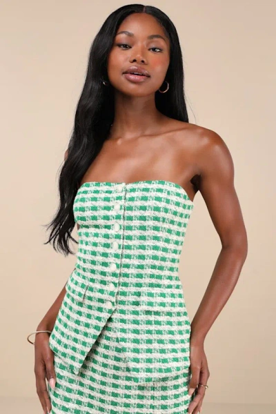 Lulus Poshest Crush Green And Ivory Plaid Lurex Strapless Vest Top