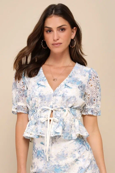 Lulus Positively Beloved Ivory Floral Embroidered Tie-front Top