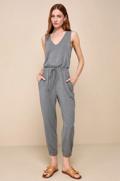 Lulus Positively Comfy Grey Sleeveless Drawstring Lounge Jumpsuit