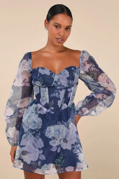 Lulus Positively Enchanting Blue Floral Organza Bustier Mini Dress