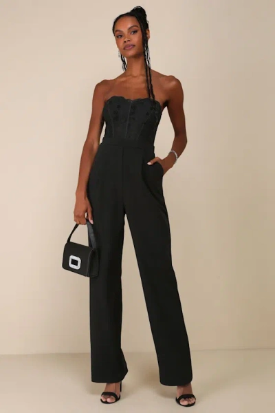 Lulus Positively Impressive Black Lace Strapless Bustier Jumpsuit