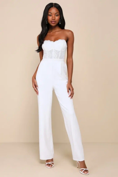 Lulus Positively Impressive White Lace Strapless Bustier Jumpsuit