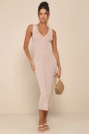 Lulus Positively Sophisticated Taupe Ribbed Button-front Midi Dress In Beige
