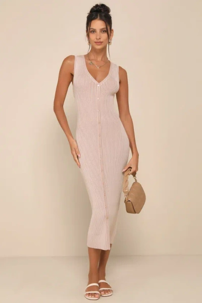 Lulus Positively Sophisticated Taupe Ribbed Button-front Midi Dress In Beige