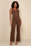 LULUS PRACTICAL CHARM BROWN TWILL BUTTON-FRONT STRAIGHT LEG JUMPSUIT