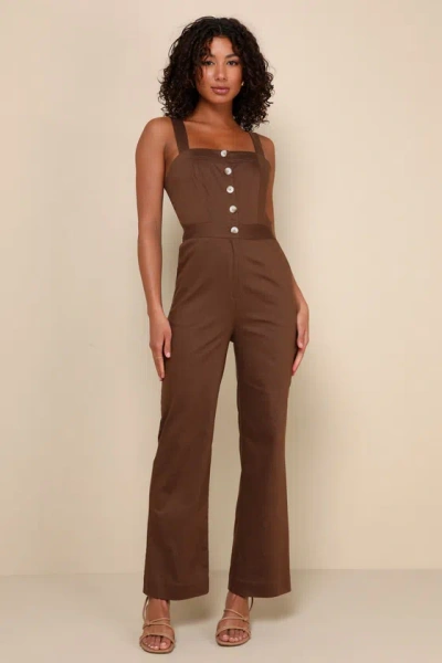 Lulus Practical Charm Brown Twill Button-front Straight Leg Jumpsuit