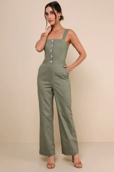 Lulus Practical Charm Sage Twill Button-front Straight Leg Jumpsuit In Green