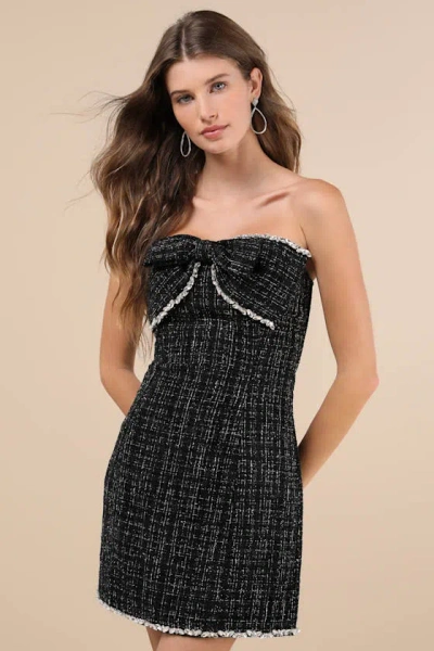 Lulus Precious And Perfect Black Tweed Rhinestone Bow Mini Dress