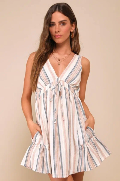 Lulus Precious Destiny Cream Multi Striped Mini Dress With Pockets