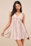 Lulus Precious Destiny Rust Multi Striped Mini Dress With Pockets In Orange