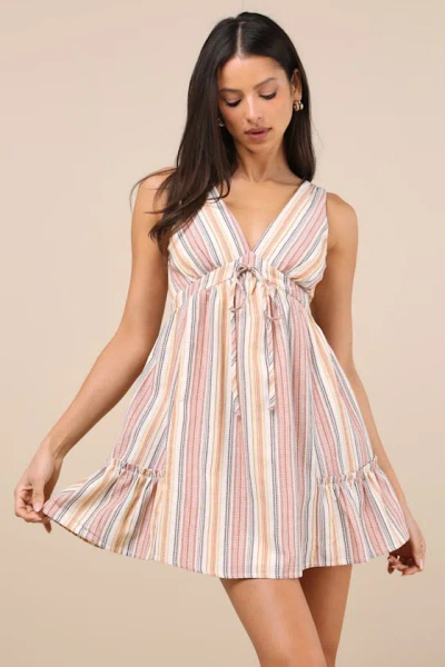 Lulus Precious Destiny Rust Multi Striped Mini Dress With Pockets In Orange