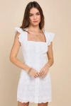 LULUS PRECIOUS DISPOSITION WHITE EMBROIDERED BUTTON-UP MINI DRESS