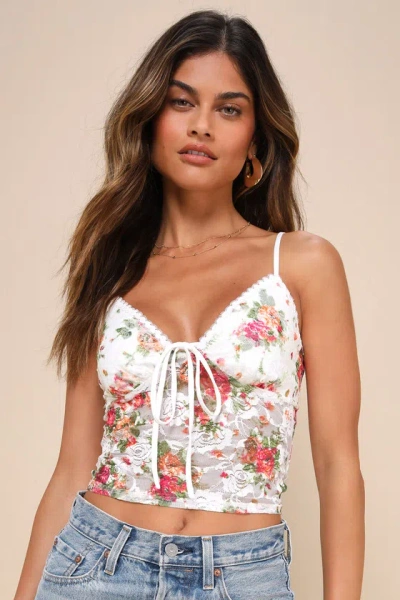 Lulus Precious Flirt White Floral Sheer Lace Cropped Cami Top In Multi