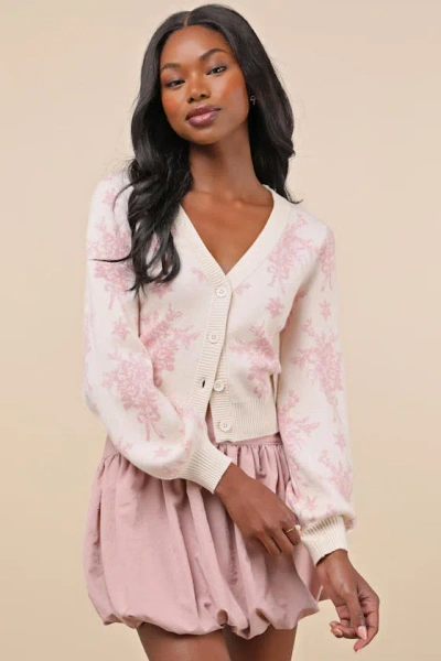 Lulus Precious Look Cream Toile Floral Balloon Sleeve Cardigan In White