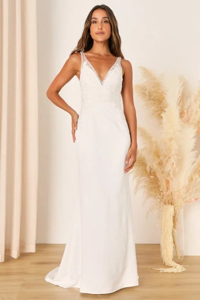 Lulus Precious Promise White Satin Embroidered Lace Mermaid Maxi Dress