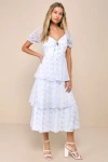 LULUS PRECIOUS SWEETIE WHITE AND BLUE GINGHAM EMBROIDERED MIDI DRESS