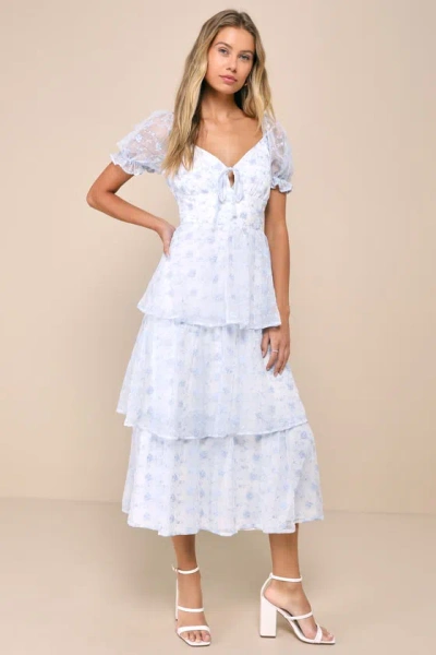 Lulus Precious Sweetie White And Blue Gingham Embroidered Midi Dress