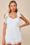 Lulus Precious Whimsy White Mesh Embroidered Tie-strap Skort Romper In White