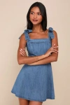 Lulus Precisely Sweet Medium Wash Tie-strap Denim Mini Dress In Blue