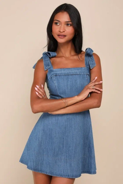 Lulus Precisely Sweet Medium Wash Tie-strap Denim Mini Dress In Blue