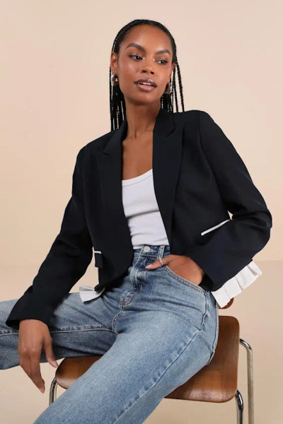 Lulus Preppy Charm Navy Blue Ruffled Blazer