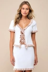 Lulus Preppy Tendencies Ivory Ribbed Knit Ruffled Mini Sweater Skirt In Ivory