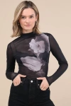 Lulus Prettiest Allure Black Floral Sheer Mesh Mock Neck Top In Black