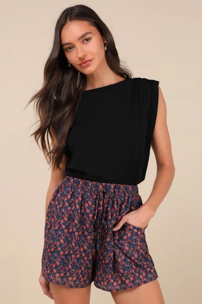 Lulus Prettiest Blossom Dark Blue Rose Print Drawstring Shorts