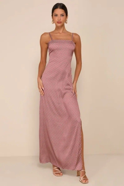 Lulus Prettiest Charm Brown Polka Dot Satin Lace-up Maxi Dress