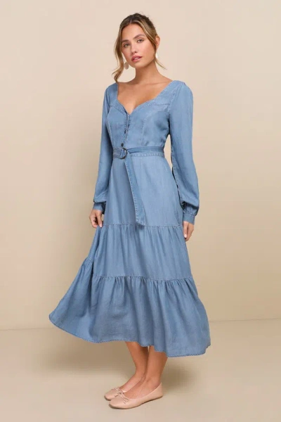 Lulus Prettiest Dear Blue Chambray Long Sleeve Midi Dress With Pockets