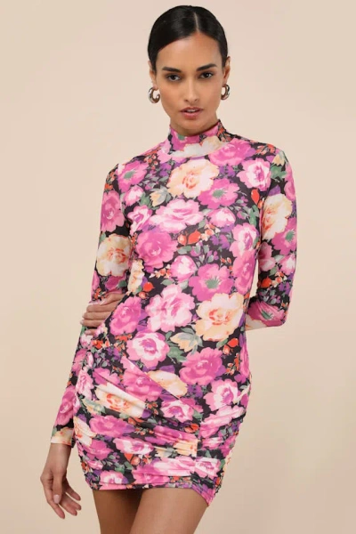 Lulus Prettiest Energy Black Multi Floral Mesh Long Sleeve Mini Dress