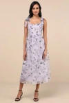 Lulus Marvelously Darling Mauve Floral Tiered Backless Midi Dress In Purple