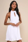 Lulus Pretty Aura White Satin Plisse Mock Neck Mini Swing Dress In White