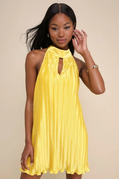 Lulus Pretty Aura Yellow Satin Plisse Mock Neck Mini Swing Dress