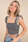 Lulus Pretty Darling Navy Ditsy Floral Ruffled Smocked Crop Top In Navy