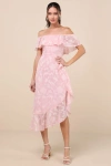 Lulus Pretty Perfect Blush Burnout Floral Off-the-shoulder Midi Dress In Pink