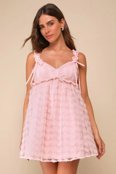 Lulus Pretty Sweetheart Pink Tulle Applique Bow Babydoll Mini Dress