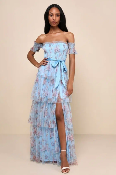 Lulus Pretty Whimsy Blue Floral Tiered Off-the-shoulder Maxi Dress
