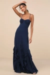Lulus Priela Dark Navy Ruffled Lace-up Maxi Dress In Navy