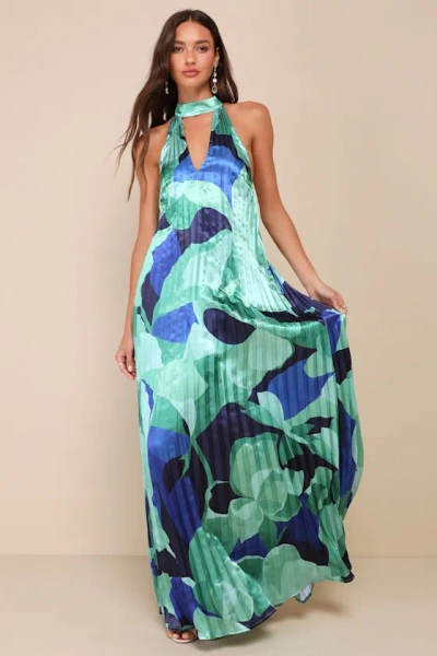 Lulus Prime Poise Green And Blue Abstract Satin Halter Maxi Dress