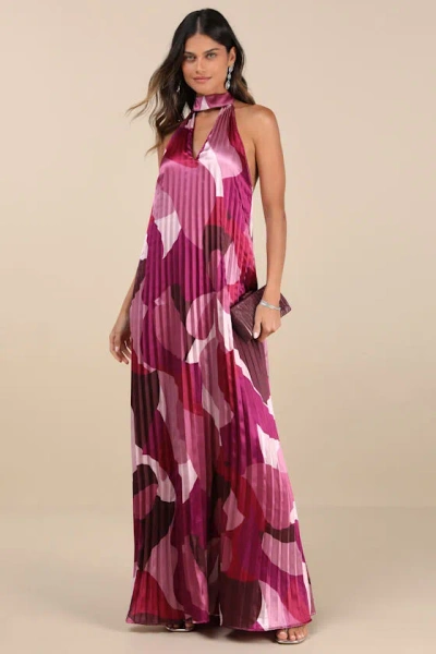 Lulus Prime Poise Pink Multi Abstract Satin Halter Maxi Dress