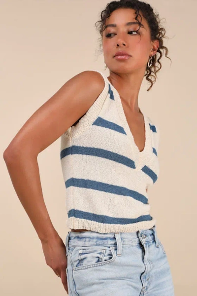 Lulus Prisha Cream And Blue Striped V-neck Sweater Tank Top In White