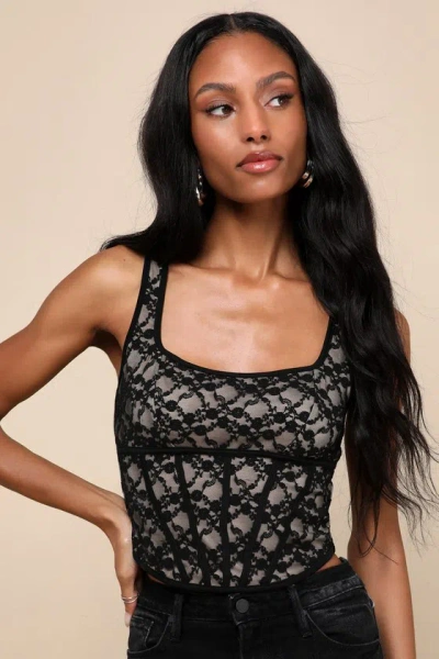Lulus Pristine Confidence Black And Beige Lace Corset Tank Top