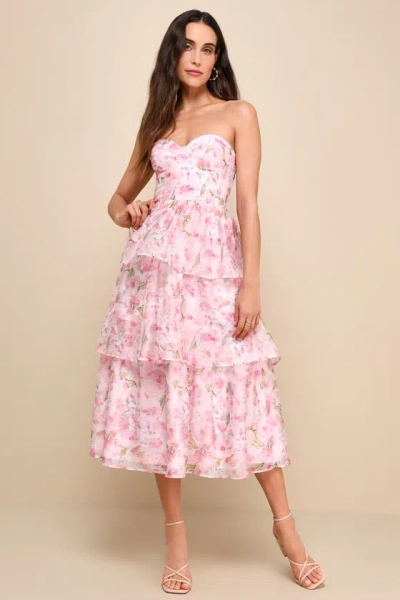 Lulus Pristine Cutie Light Pink Floral Organza Bustier Midi Dress